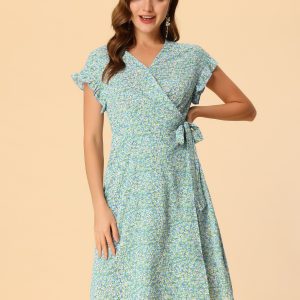 Ditsy Floral V Neck Ruffle Flutter Sleeve Midi Wrap Dress Light Blue/M - Allegra K catalog