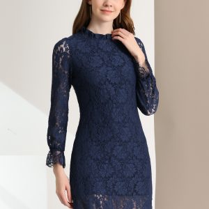 Lace Floral Ruffle Crew Neck Cocktail Mini Dress Royal Blue/XS - Allegra K catalog