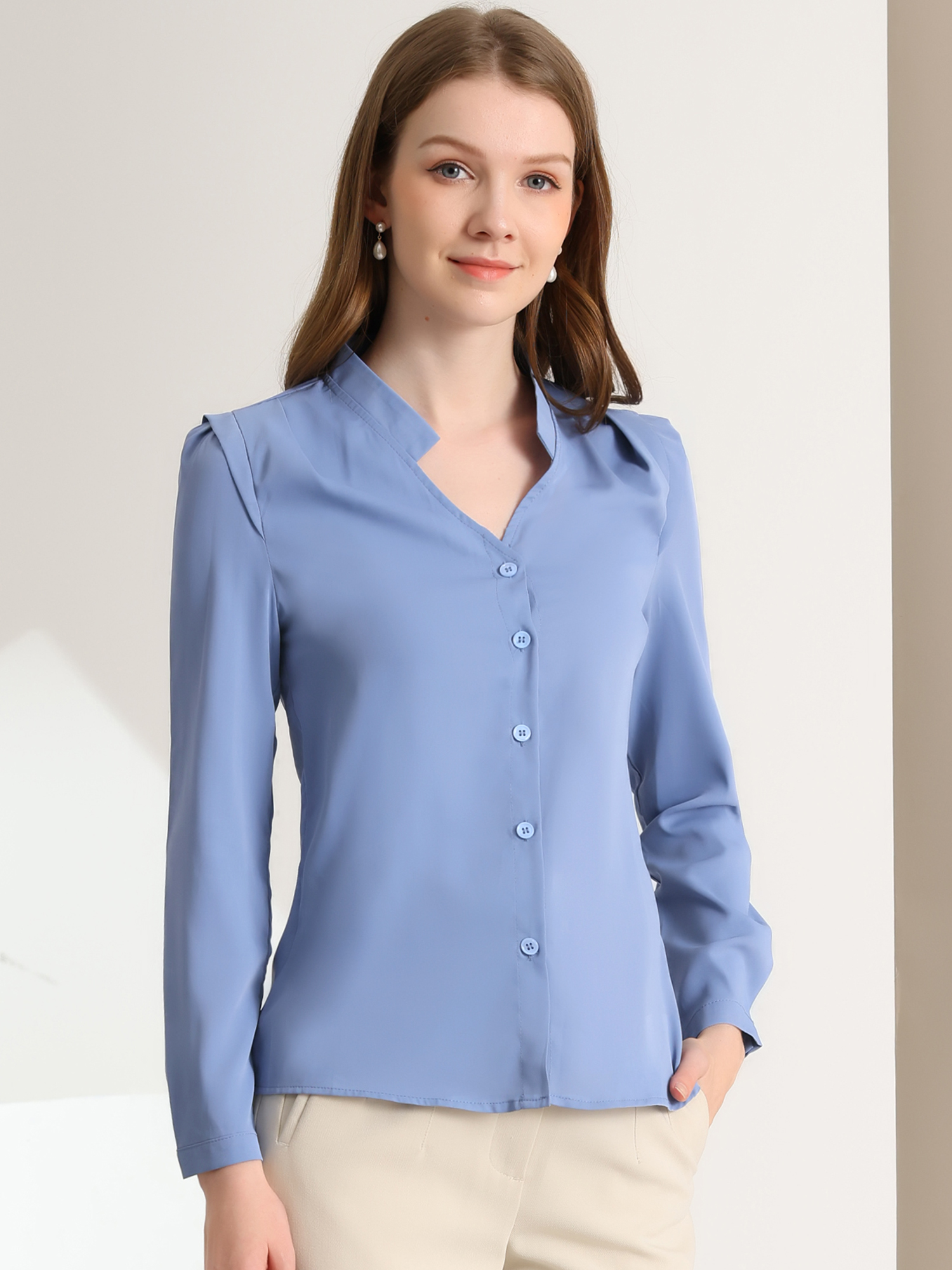Work Office Blouse Button Up Long Sleeve V Neck Chiffon Shirt Blue/M - Allegra K catalog