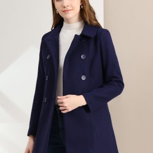 Peter Pan Collar Double Breasted Long Trench Pea Coat Navy Blue/XL - Allegra K catalog