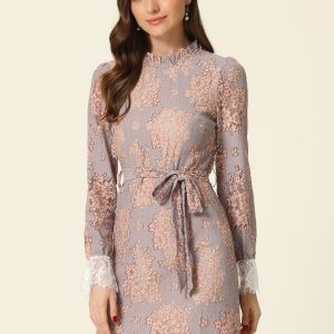 Lace Floral Ruffle Crew Neck Cocktail Mini Dress Grey Pink/XL - Allegra K catalog