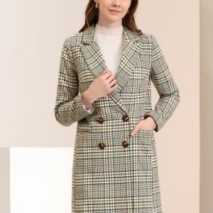 Double Breasted Notched Lapel Plaid Trench Blazer Coat White Green/M - Allegra K catalog