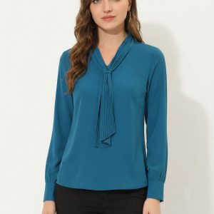 Long Sleeve Chiffon Pleated Tie Neck Office Blouse Peacock Blue/XL - Allegra K catalog