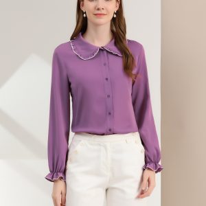 Sweet Ruffle Peter Pan Collar Long Sleeve Button Up Shirt Light Purple/XL - Allegra K catalog