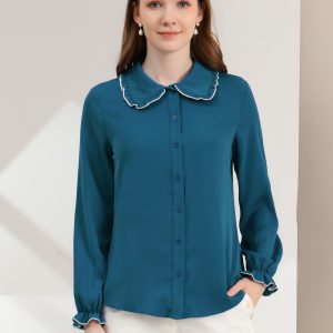 Sweet Ruffle Peter Pan Collar Long Sleeve Button Up Shirt Peacock Blue/S - Allegra K catalog