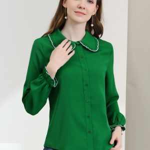 Sweet Ruffle Peter Pan Collar Long Sleeve Button Up Shirt Dark Green/L - Allegra K catalog