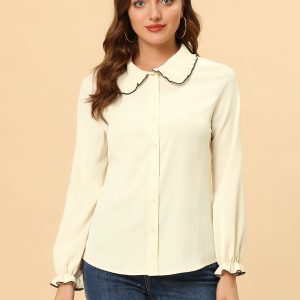 Sweet Ruffle Peter Pan Collar Long Sleeve Button Up Shirt Light Apricot/XS - Allegra K catalog