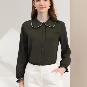 Sweet Ruffle Peter Pan Collar Long Sleeve Button Up Shirt Army Green/L - Allegra K catalog