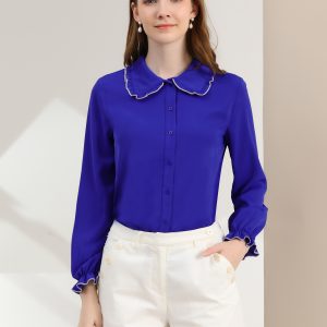 Sweet Ruffle Peter Pan Collar Long Sleeve Button Up Shirt Blue/XS - Allegra K catalog