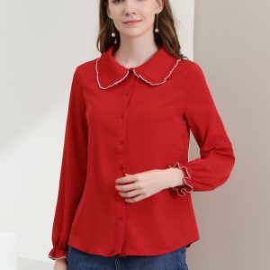 Sweet Ruffle Peter Pan Collar Long Sleeve Button Up Shirt Red/M - Allegra K catalog