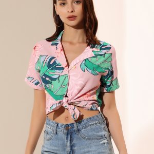 Hawaiian Floral Leaves Tropical Button Down Shirt Dusty Pink/S - Allegra K catalog