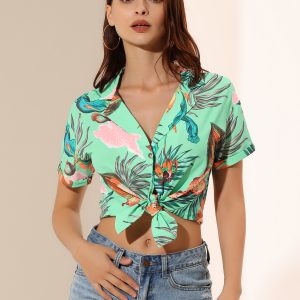 Hawaiian Floral Leaves Tropical Button Down Shirt Green A/S - Allegra K catalog