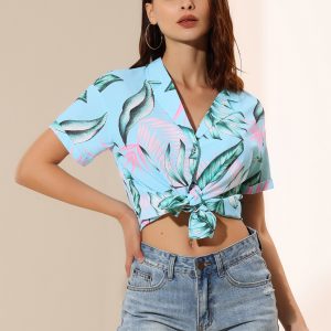 Hawaiian Tropical Leaves Floral Short Sleeve Button Down Shirt Blue Pink/S - Allegra K catalog