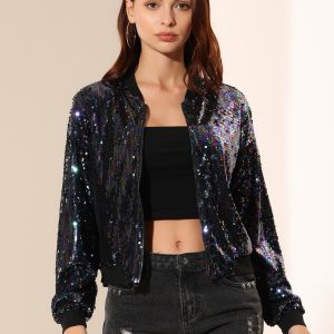 Sequin Sparkle Party Long Sleeve Zipper Bomber Jacket Black Rainbow/S - Allegra K catalog