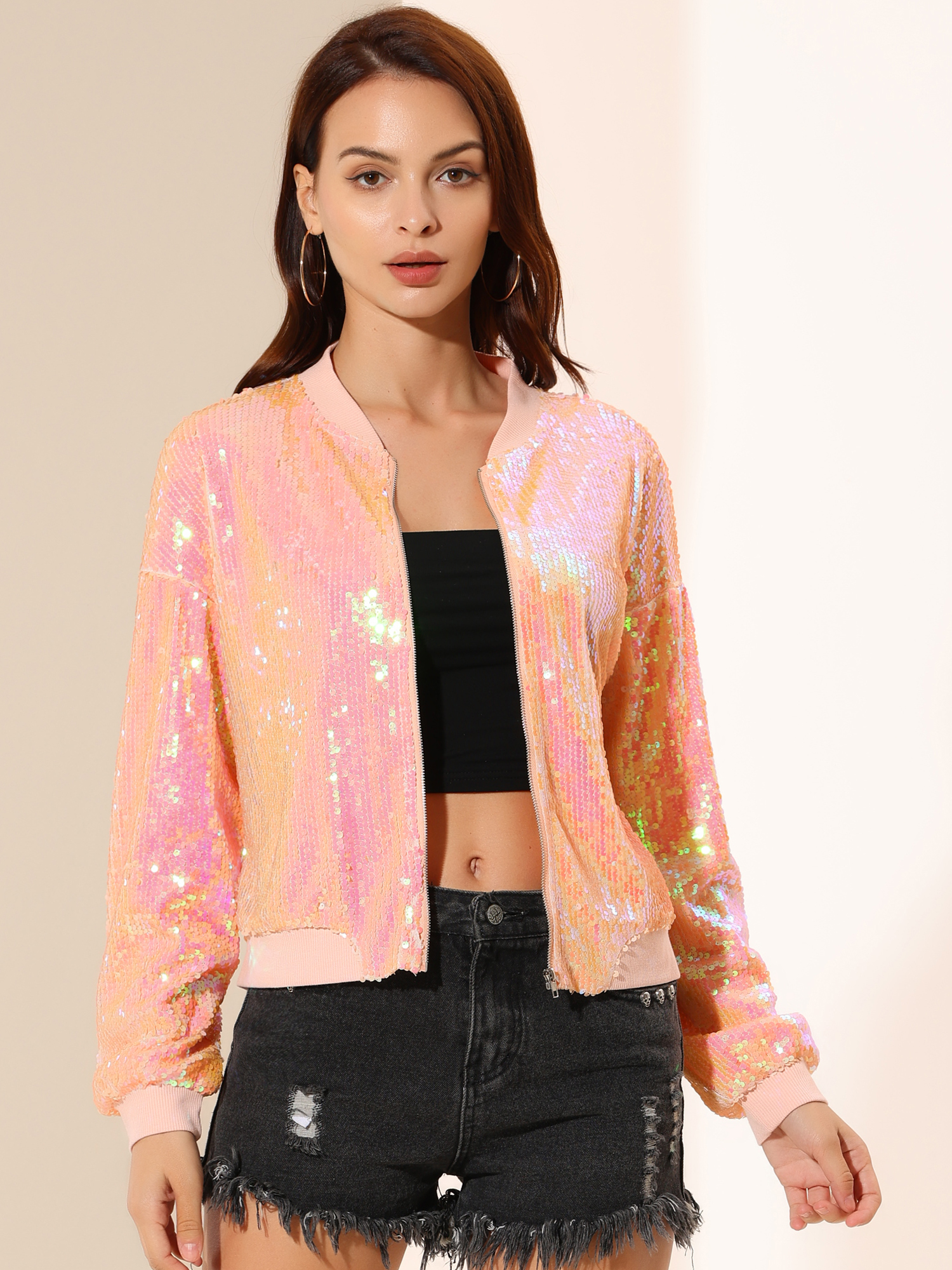 Sequin Sparkle Party Long Sleeve Zipper Bomber Jacket Pink/S - Allegra K catalog