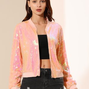 Sequin Sparkle Party Long Sleeve Zipper Bomber Jacket Pink/L - Allegra K catalog