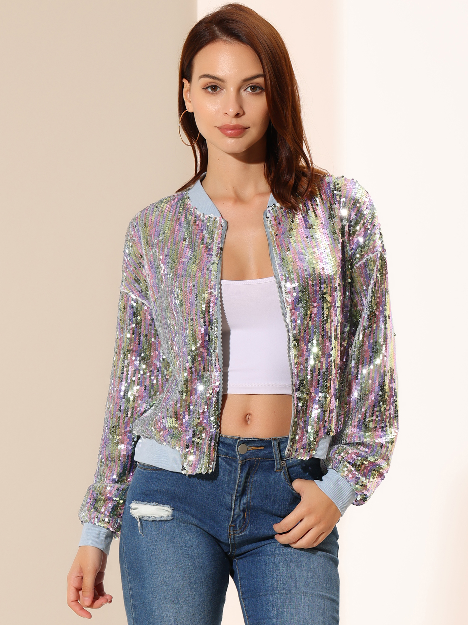 Sequin Sparkle Party Long Sleeve Zipper Bomber Jacket White Rainbow/S - Allegra K catalog