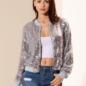 Sequin Sparkle Party Long Sleeve Zipper Bomber Jacket White Rainbow/L - Allegra K catalog