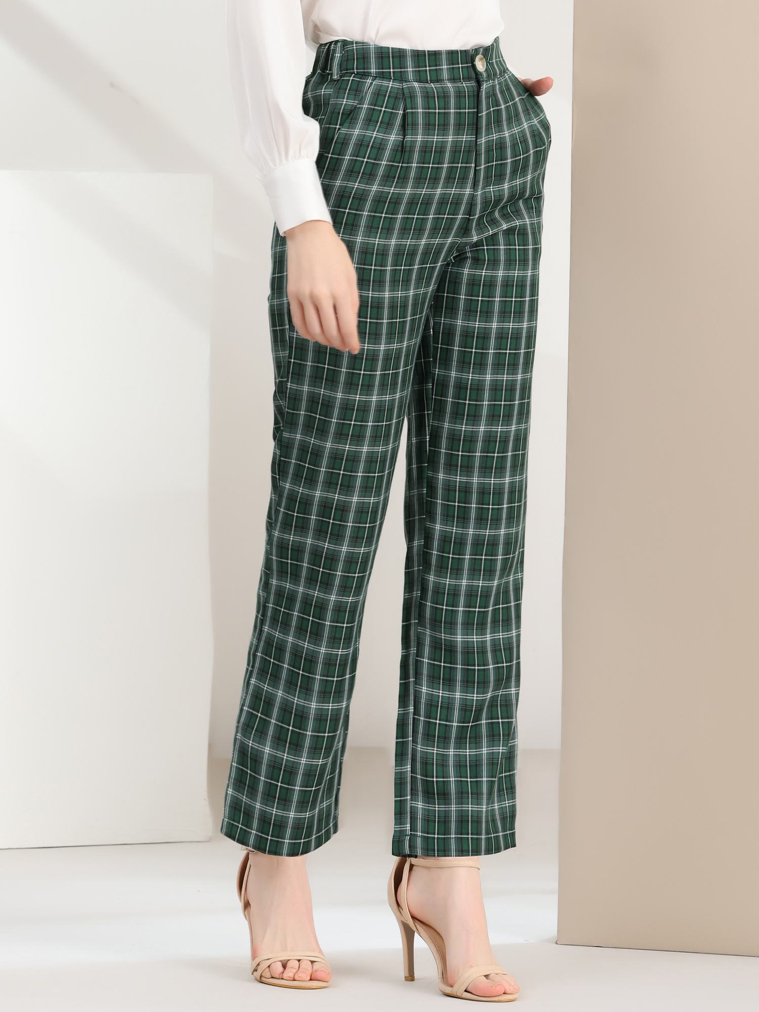 Plaid Elastic Waist Casual Work Office Long Pants Green Black White/L - Allegra K catalog