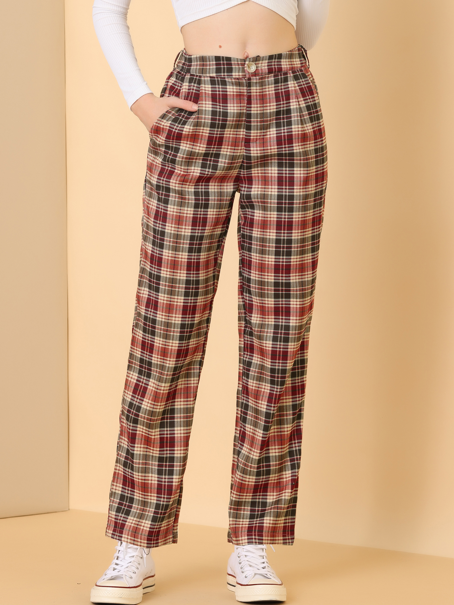 Plaid Elastic Waist Casual Work Office Long Pants Red Brown Beige/S - Allegra K catalog