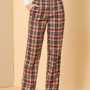 Plaid Elastic Waist Casual Work Office Long Pants Red Brown Beige/L - Allegra K catalog