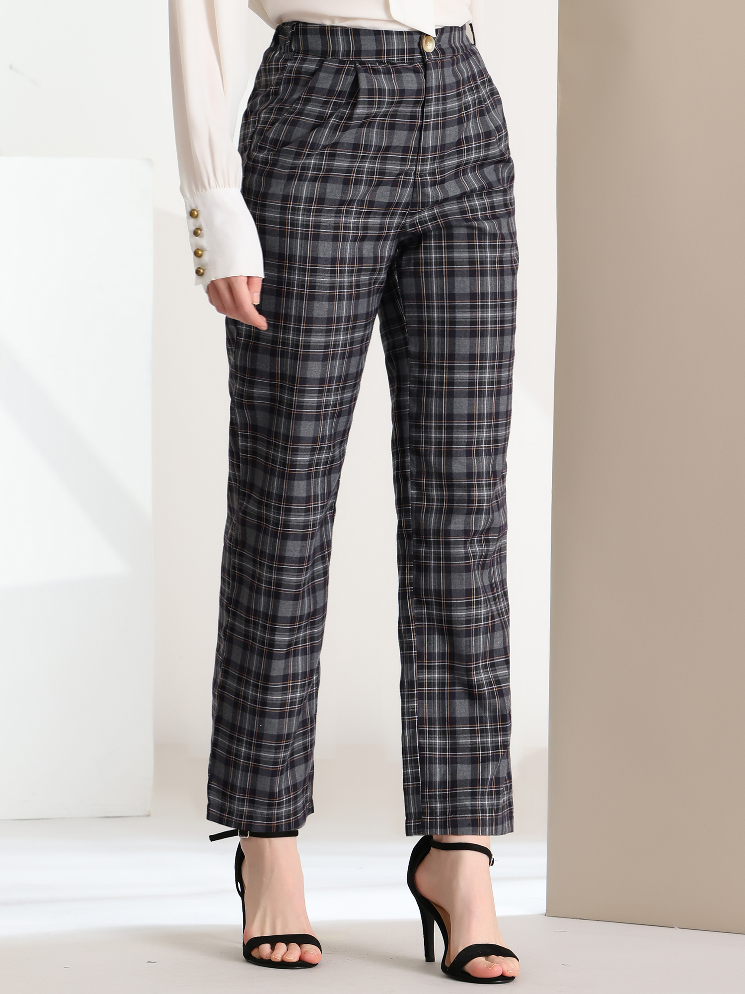 Plaid Elastic Waist Casual Work Office Long Pants Dark Gray Black/S - Allegra K catalog