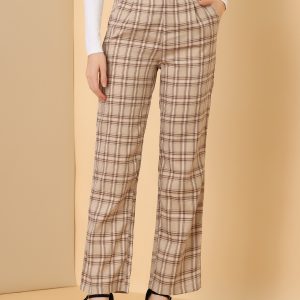 Plaid Elastic Waist Casual Work Office Long Pants Light Khaki Brown/M - Allegra K catalog