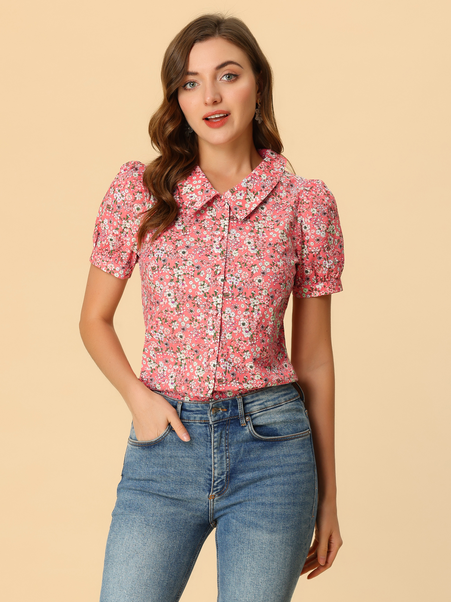 Puff Sleeve Shirt Point Collar Top Button Down Floral Blouse Pink/XS - Allegra K catalog