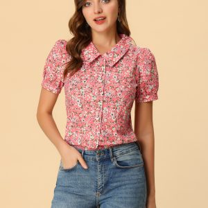 Puff Sleeve Shirt Point Collar Top Button Down Floral Blouse Pink/M - Allegra K catalog