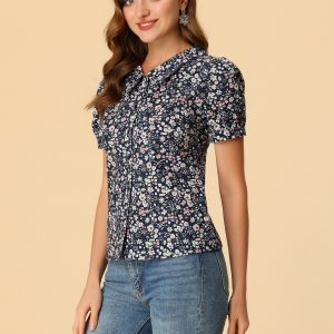 Puff Sleeve Shirt Point Collar Top Button Down Floral Blouse Dark Blue/M - Allegra K catalog