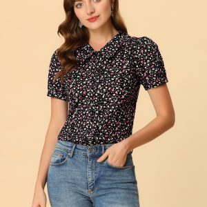 Puff Sleeve Shirt Point Collar Top Button Down Floral Blouse Black/XS - Allegra K catalog