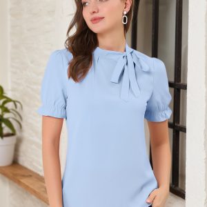 Bow Tie Neck Elegant Office Short Sleeve Blouse Light Blue/XS - Allegra K catalog