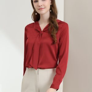Satin Tie Neck Long Sleeve Solid Color Elegant Office Work Shirt Top Red/S - Allegra K catalog