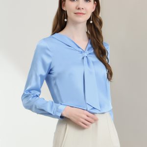 Satin Tie Neck Long Sleeve Solid Color Elegant Office Work Shirt Top Light Blue/S - Allegra K catalog