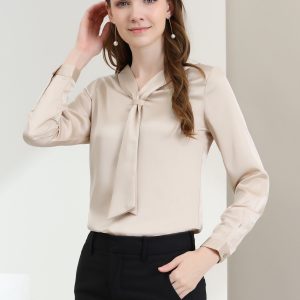 Satin Tie Neck Long Sleeve Solid Color Elegant Office Work Shirt Top Beige/XS - Allegra K catalog