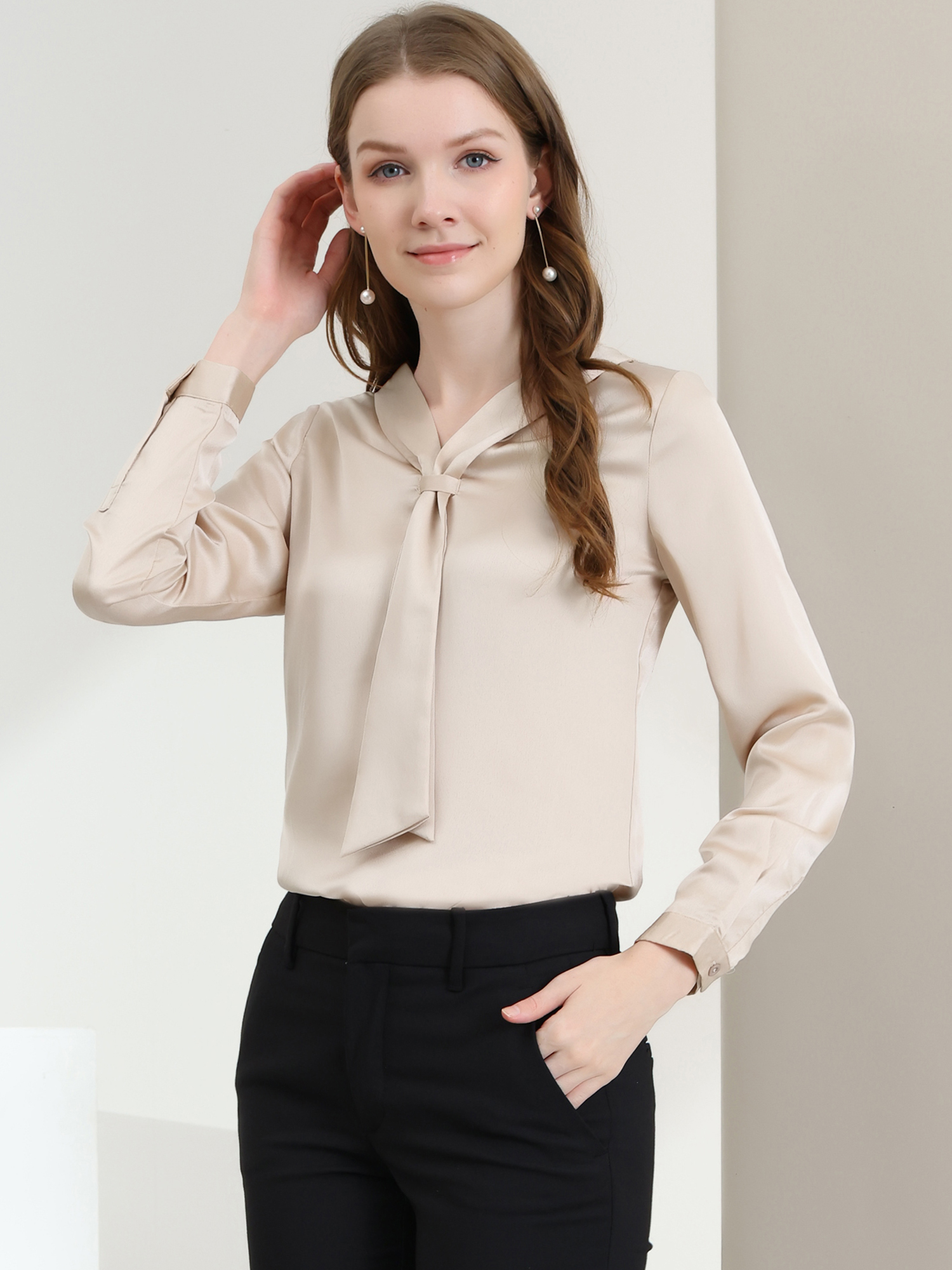 Satin Tie Neck Long Sleeve Solid Color Elegant Office Work Shirt Top Beige/XS - Allegra K catalog