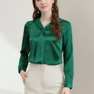 Satin Tie Neck Long Sleeve Solid Color Elegant Office Work Shirt Top Dark Green/M - Allegra K catalog