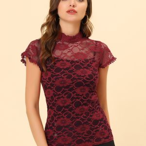 Elegant Floral Lace Short Sleeve Keyhole Back Fitted Blouse Wine/S - Allegra K catalog