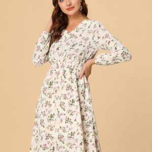 Floral Print V-Neck Long Sleeve Smocked Waist Midi Dress White Pink/M - Allegra K catalog