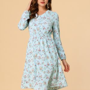Floral Print V-Neck Long Sleeve Smocked Waist Midi Dress Blue Pink/M - Allegra K catalog