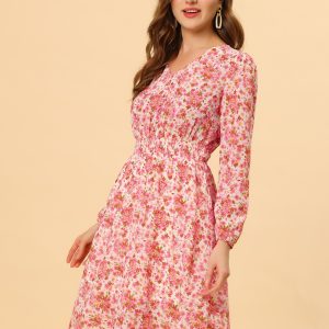 Floral Print V-Neck Long Sleeve Smocked Waist Midi Dress Beige Pink/L - Allegra K catalog