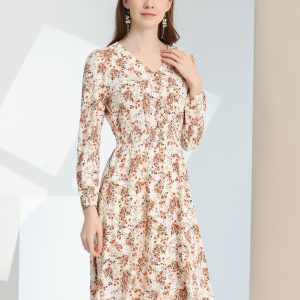 Floral Print V-Neck Long Sleeve Smocked Waist Midi Dress White Orange/XS - Allegra K catalog