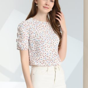 Floral Crew Neck Ruched Sleeve Casual Blouse White Blue/L - Allegra K catalog