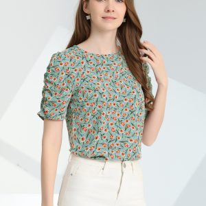 Floral Crew Neck Ruched Sleeve Casual Blouse Teal/XL - Allegra K catalog