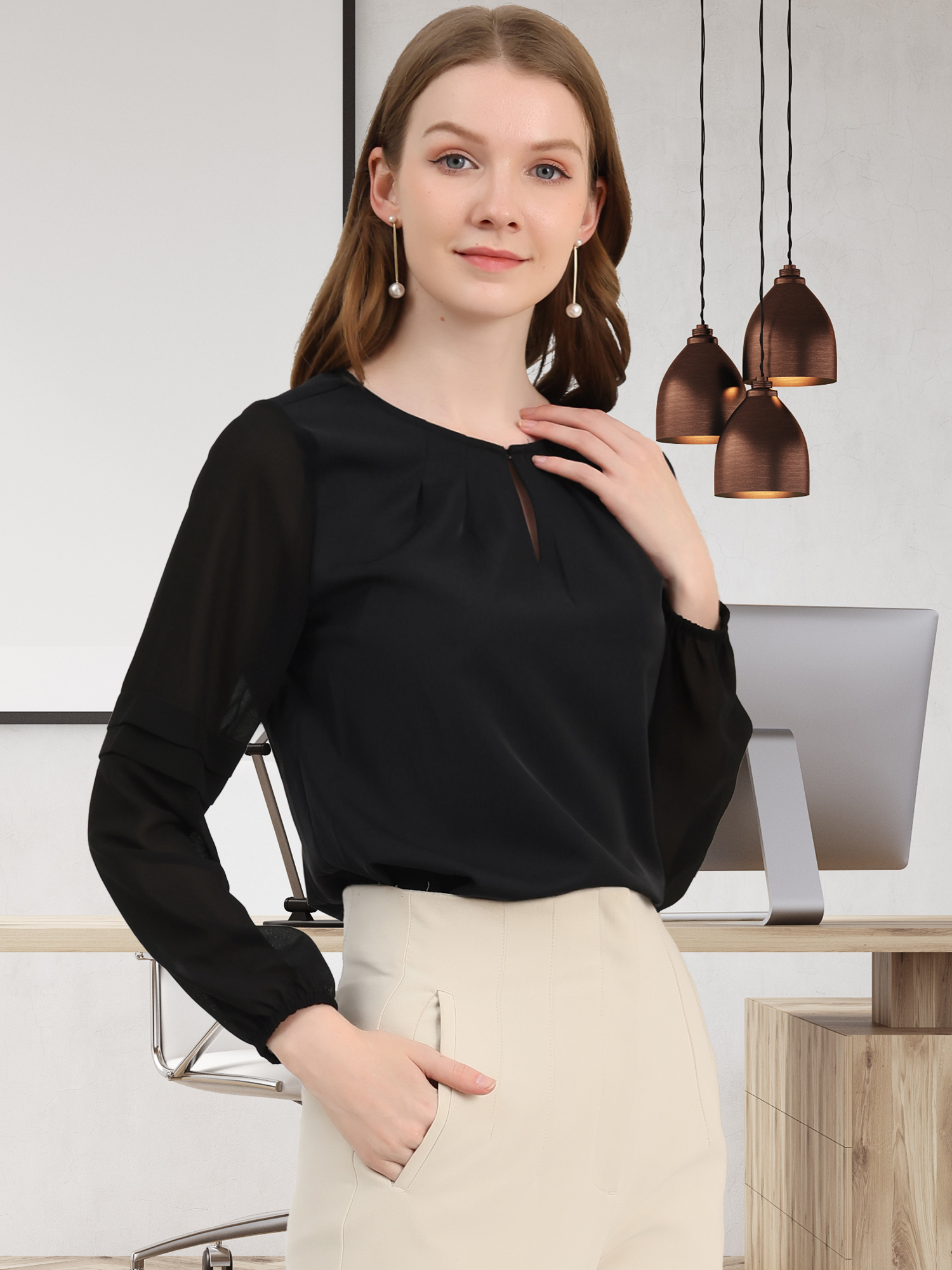 Chiffon Shirt Semi Sheer Keyhole Neck Elegant Work Blouse Black/XS - Allegra K catalog