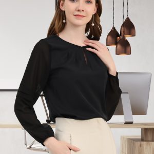 Chiffon Shirt Semi Sheer Keyhole Neck Elegant Work Blouse Black/L - Allegra K catalog