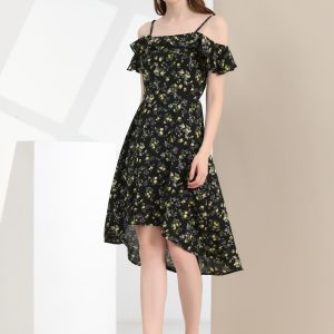 Spaghetti Strap Asymmetrical High Low Floral A-Line Midi Dress Black Yellow/XS - Allegra K catalog