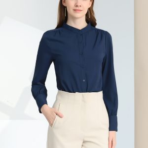Mandarin Collar Long Sleeve Button Down Office Shirt Dark Blue/XL - Allegra K catalog