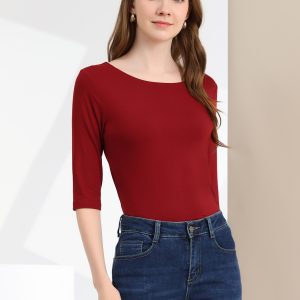 Casual Boat Neck 3/4 Sleeve Solid Basic T-shirt Wine Red/M - Allegra K catalog