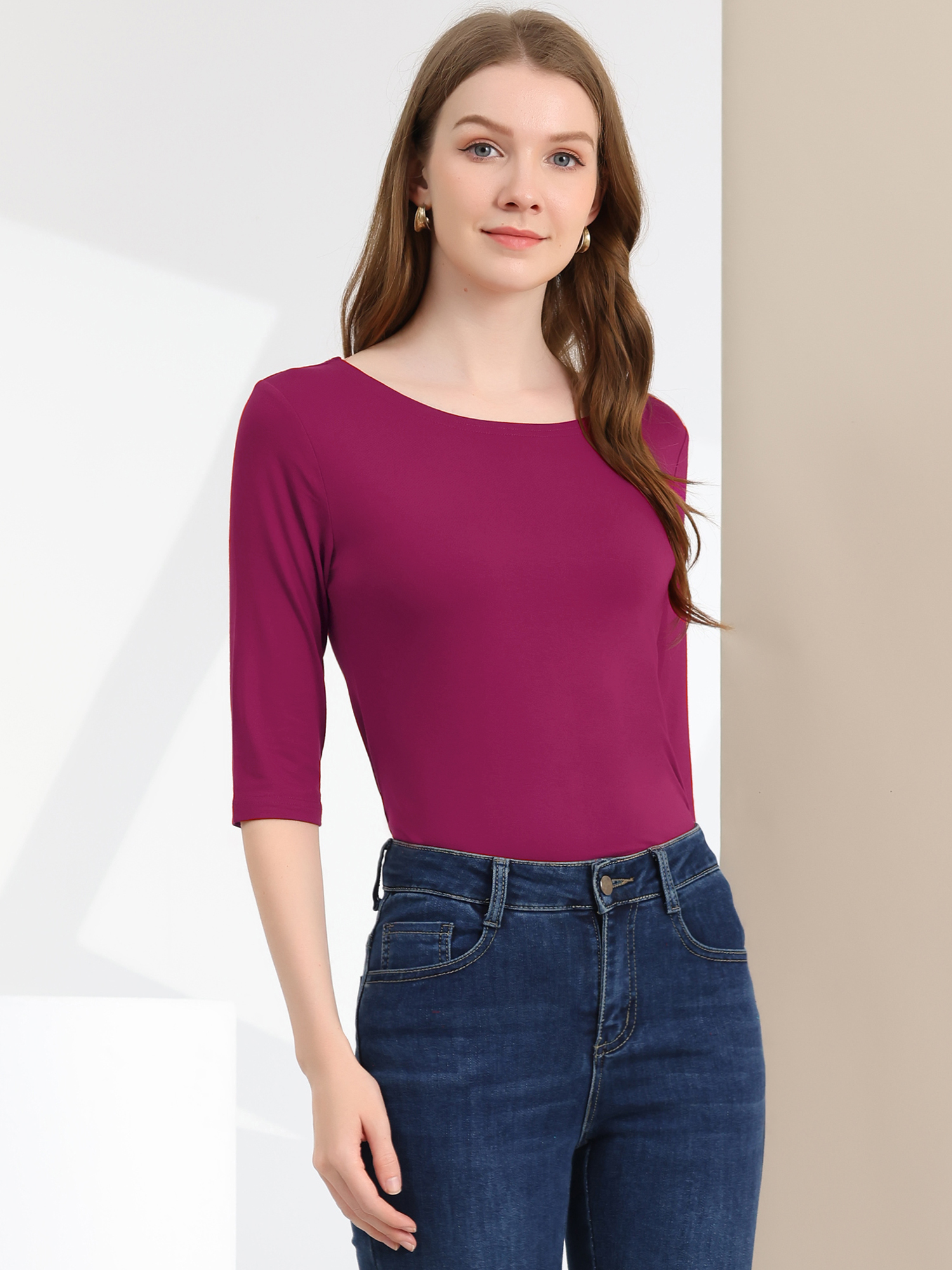 Casual Boat Neck 3/4 Sleeve Solid Basic T-shirt Fuchsia/XS - Allegra K catalog